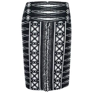 $326 TORY BURCH Savora Tweed Black White Geometric Tribal Midi Skirt Pencil Sz 2